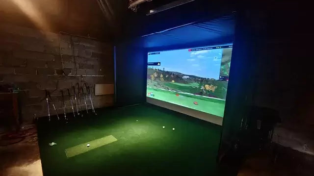 golf sim setup side view with hitting mat
