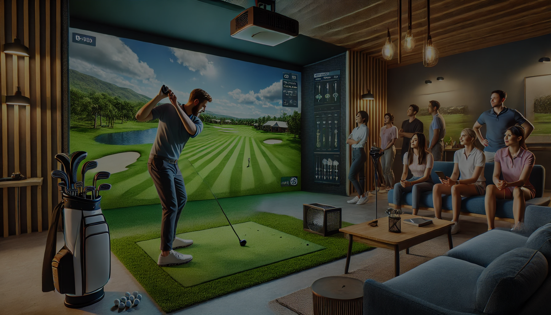 cheap indoor golf simulator family get together shot