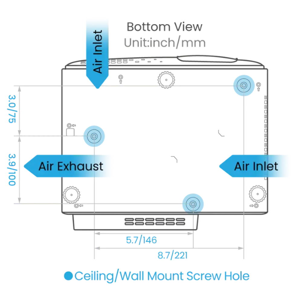 short throw projector for golf simulators bottom view