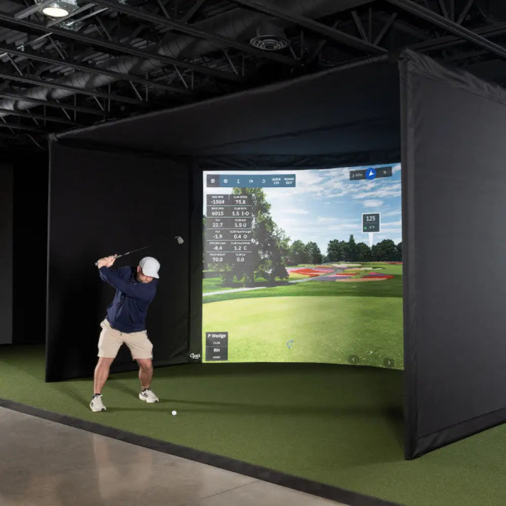 golf hitting enclosure curved diagonal live view with golfer