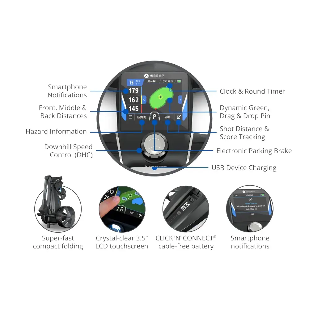 remote golf push cart overview of product with infographic