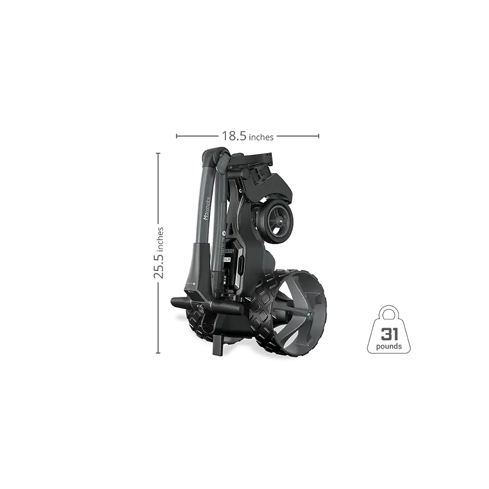 best electric golf push cart that follows you folded upright with dimensions