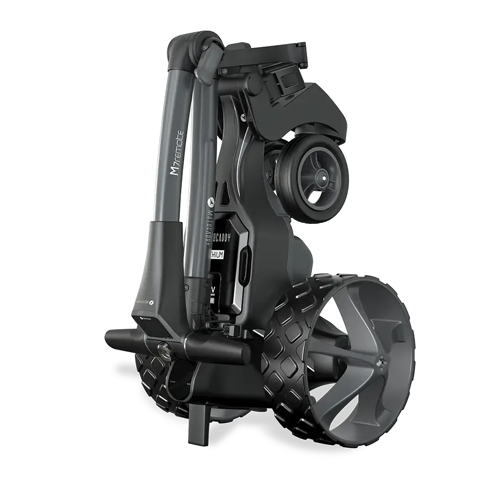 remote control golf bag cart folded upright view