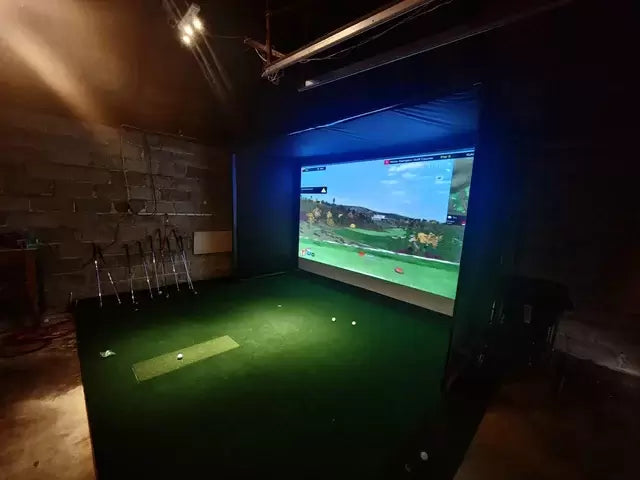 golf sim setup side view with hitting mat