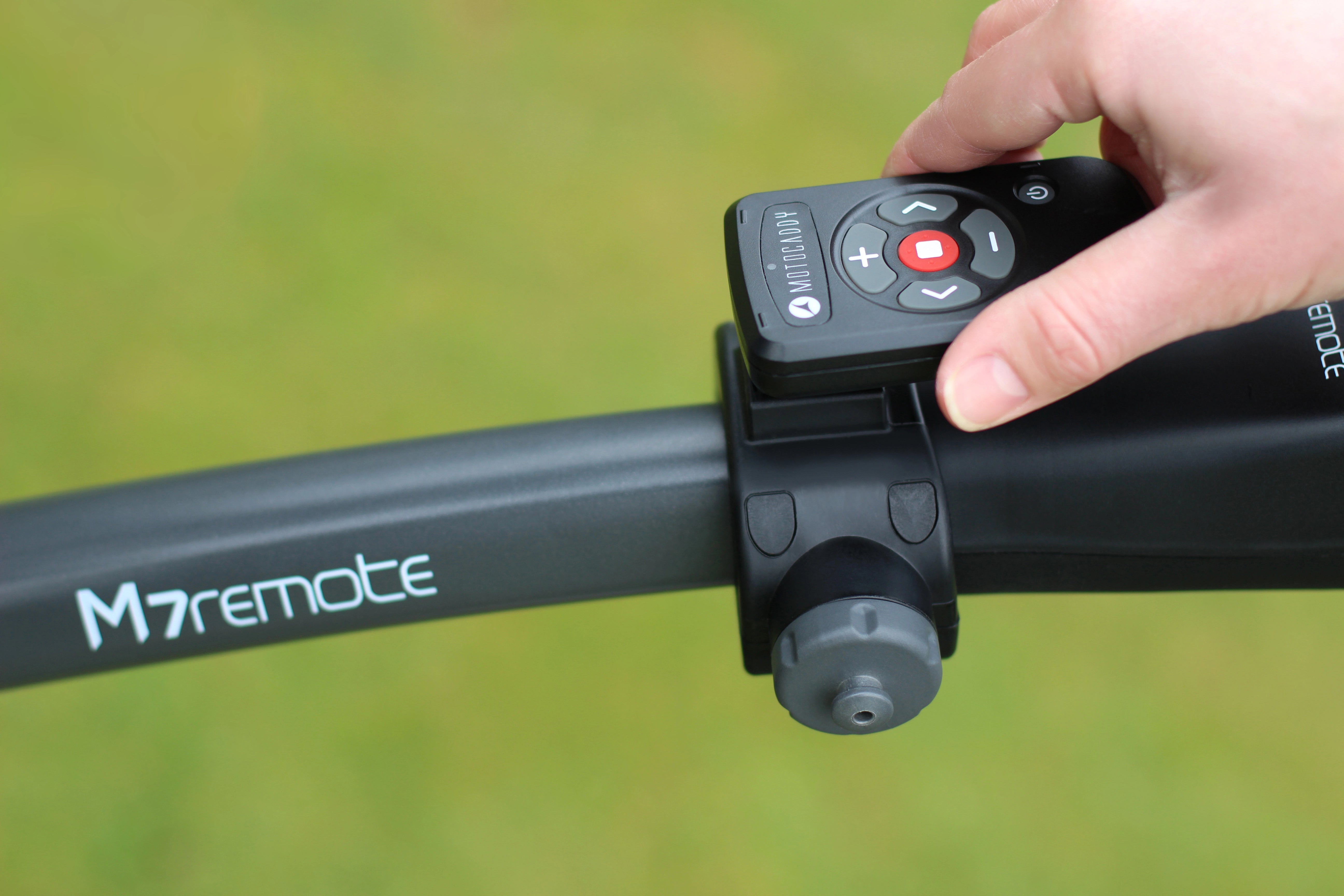 moto golf caddy remote side angle view